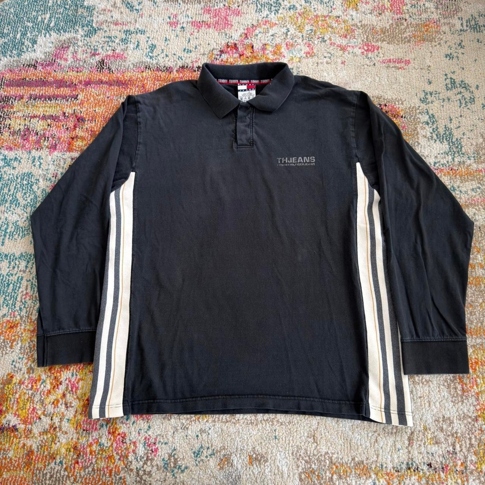 Tommy Hilfiger Jeans Striped Long Sleeve Polo Shirt Mens XL Black Cyber Y2K